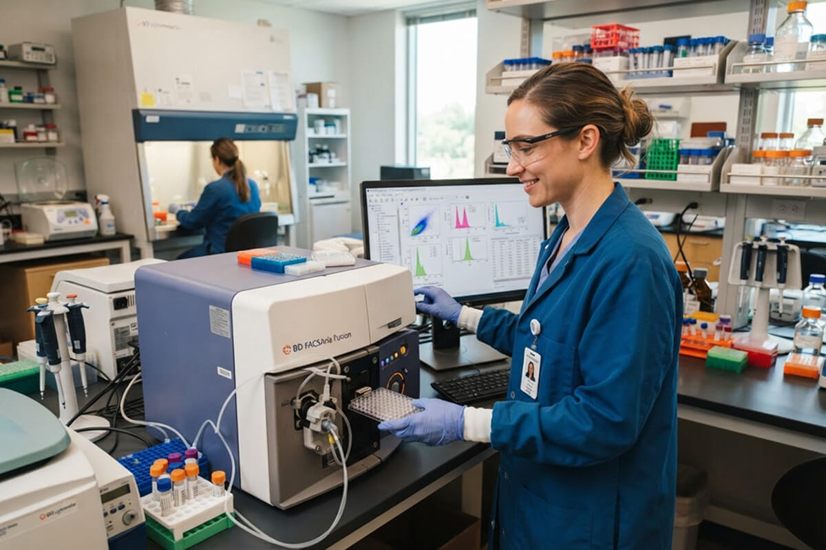 A smiling scientist in a lab coat operates a flow cytometry machine, loading a sample tray while viewing data on a monitor.