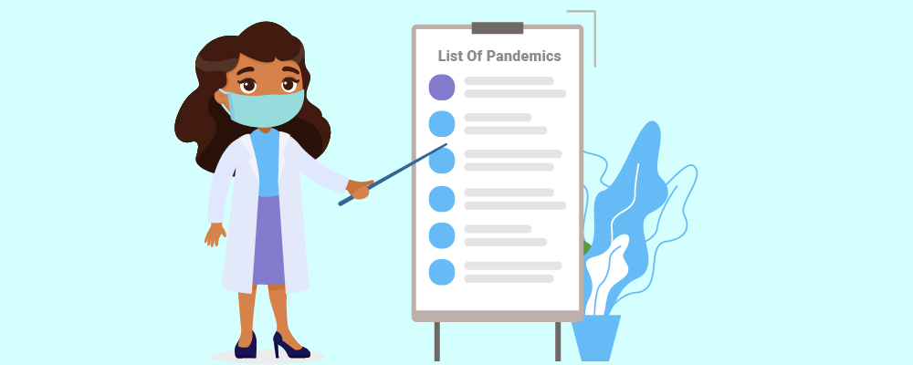 A doctor pointing to a list of pandemics explaining each one